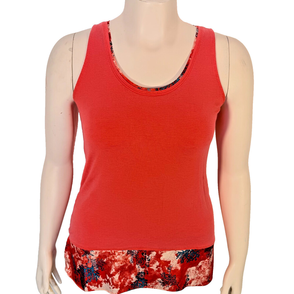 White House Black Market Red Tank Top Women's S Scoop Neck Tropical Trim